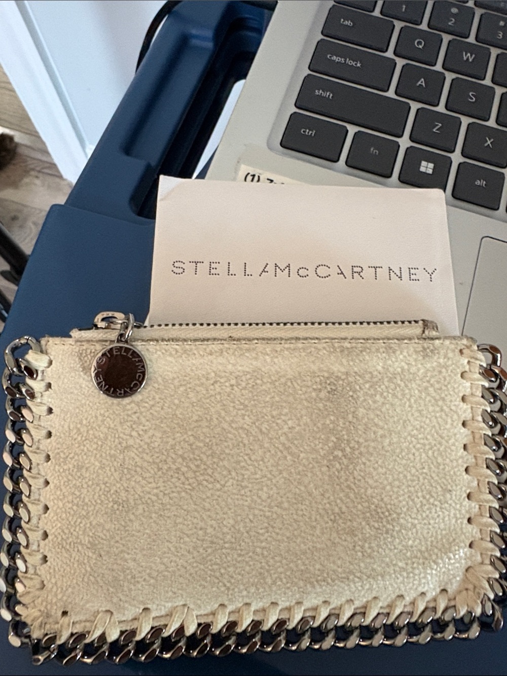 Stella McCartney Cream Chain-Trim Zip Card Wallet Distressed Style